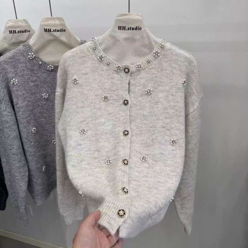 Heavy Beaded Tweed Knit Cardigan Sweater