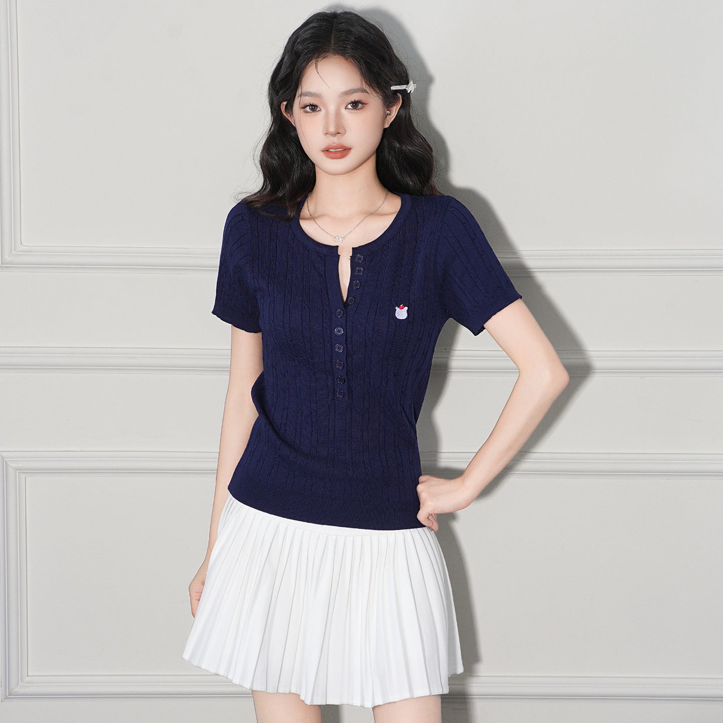 Neck Lightweight Knit Short Sleeve V-Neck Tee
