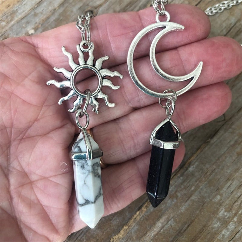 Natural Stone Sun and Moon Necklace 2PCS Set
