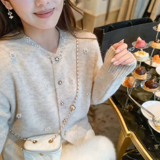 Heavy Beaded Tweed Knit Cardigan Sweater