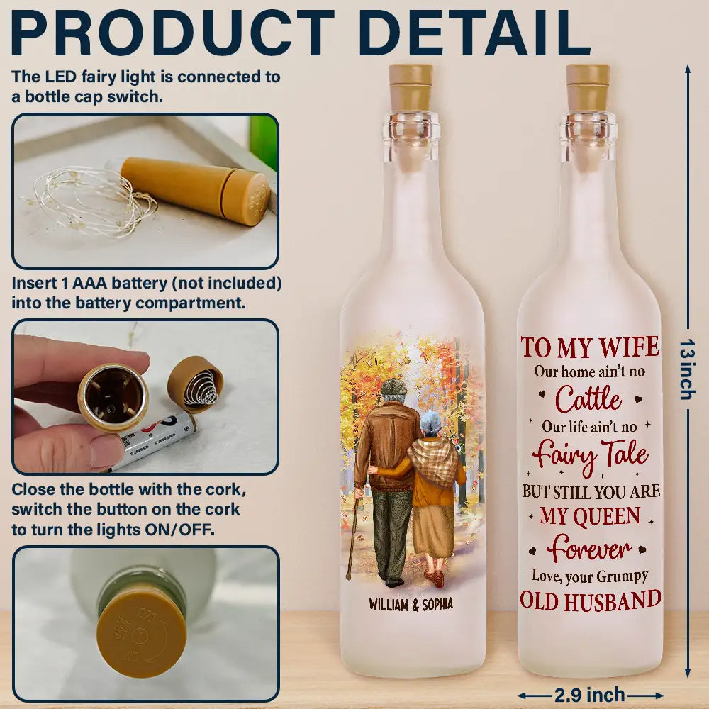 Personalized bottle light for wife, frosted glass with LED lights, 'To my wife' design, home decor, anniversary gift