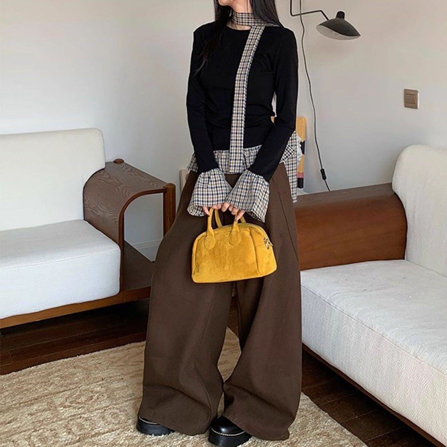 Stylish Two-Piece Plaid Long Sleeve Top
