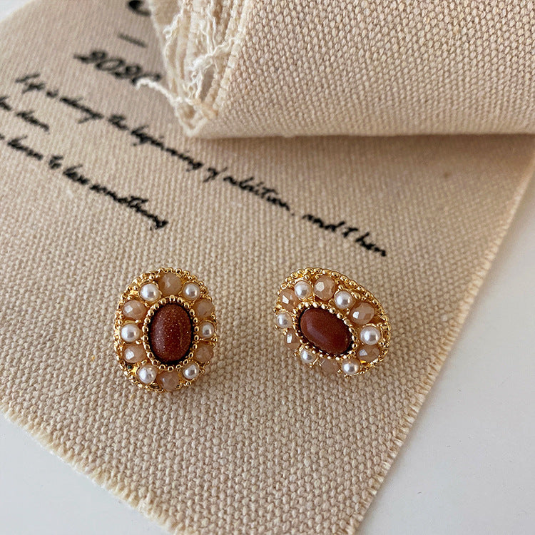 Natural Stone Crystal Pearl Stud Earrings