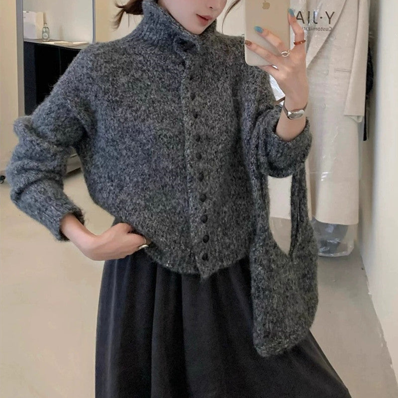 High Neck Knit Cardigan Soft Loose Sweater Coat Top