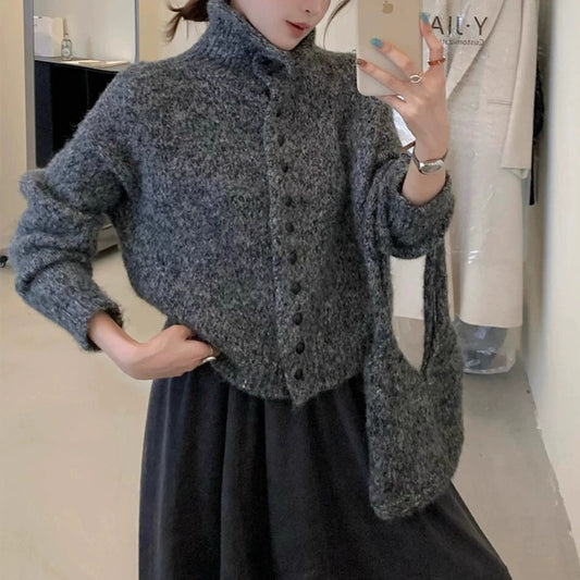 High Neck Knit Cardigan Soft Loose Sweater Coat Top