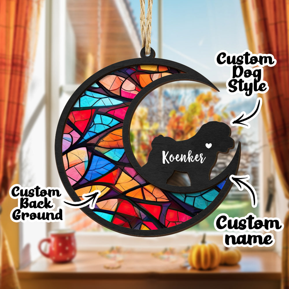 Personalized dog memorial suncatcher with colorful stained glass, custom name "Brookie", pet sympathy gift