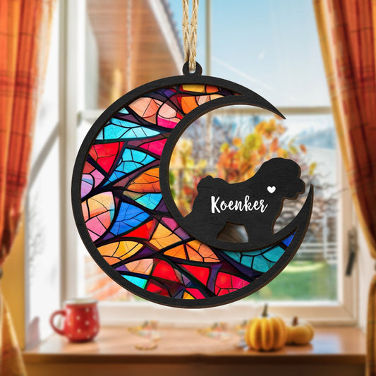 Dog Memorial Suncatcher with "Brookie" name, pet sympathy gift, stained glass.