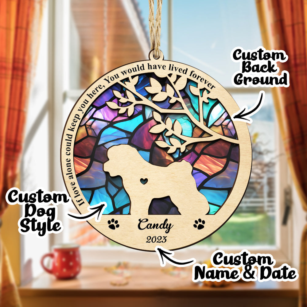 Personalized dog memorial suncatcher, custom name and date, wooden ornament with stained glass effect, pet loss gift.