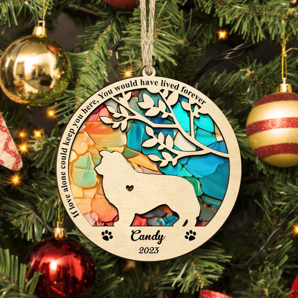 Personalized Dog Memorial Suncatcher Ornament, wooden and stained glass effect, custom name and year, pet loss gift.