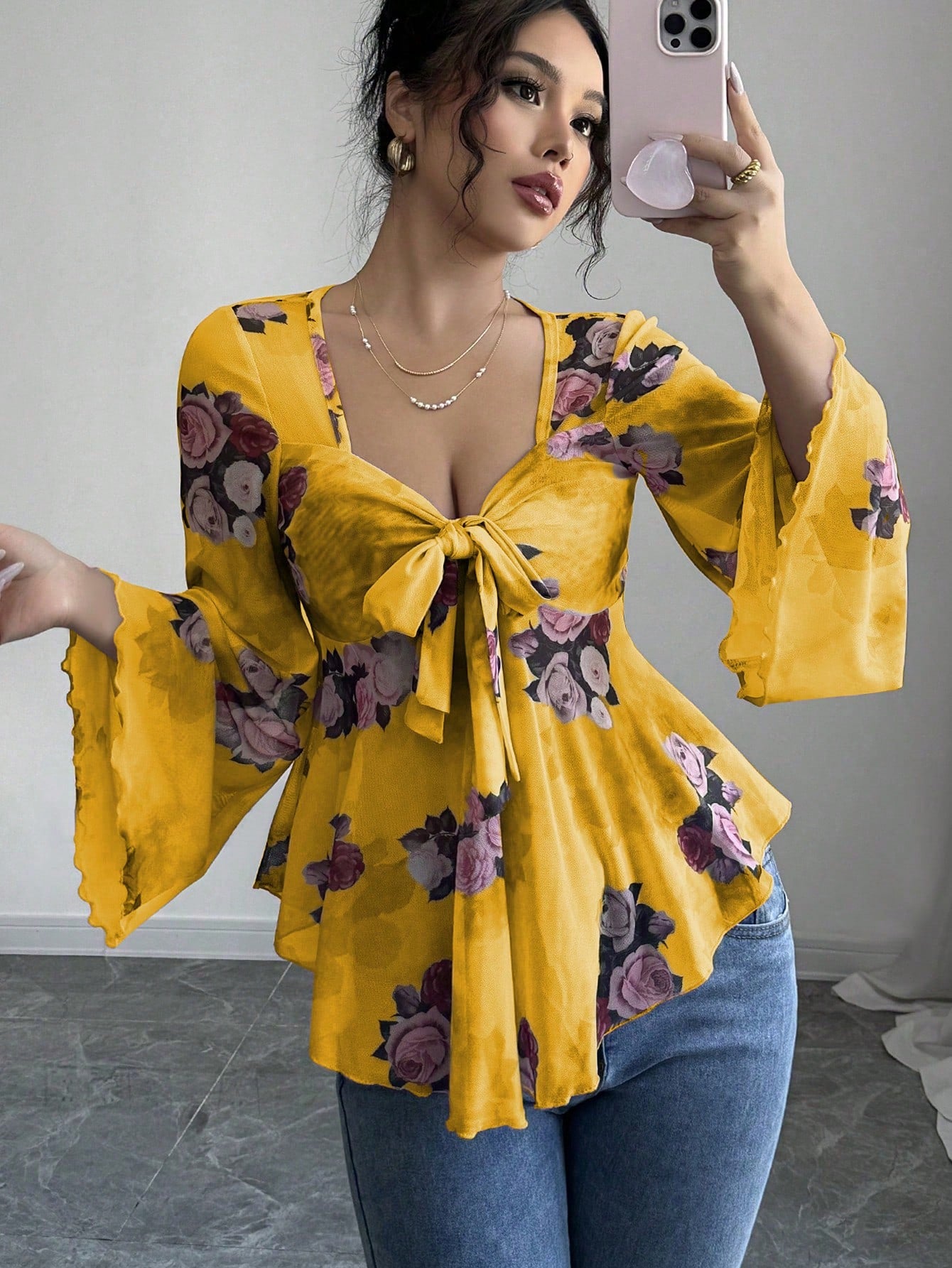 Sweet Floral Ombre Tie-Back Square Neck Long Sleeve Blouse