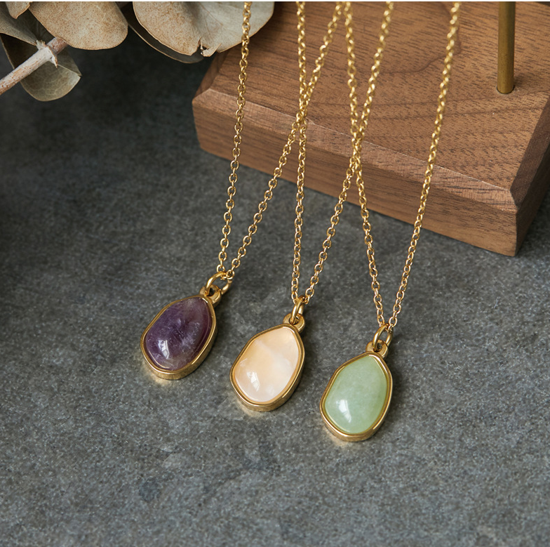 Natural Stone Pendant Black Agate Clear Quartz Gemstone Necklace
