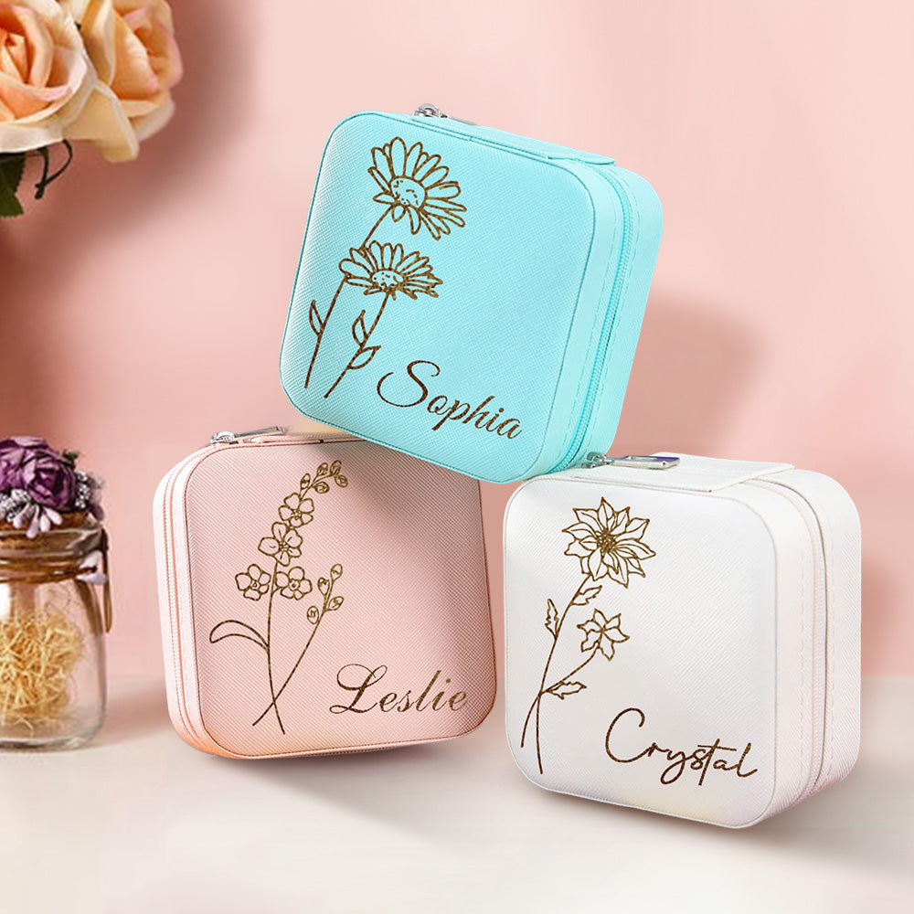 Personalized Birth Flower Jewelry Box with Custom Name, PU Leather Gift for Her