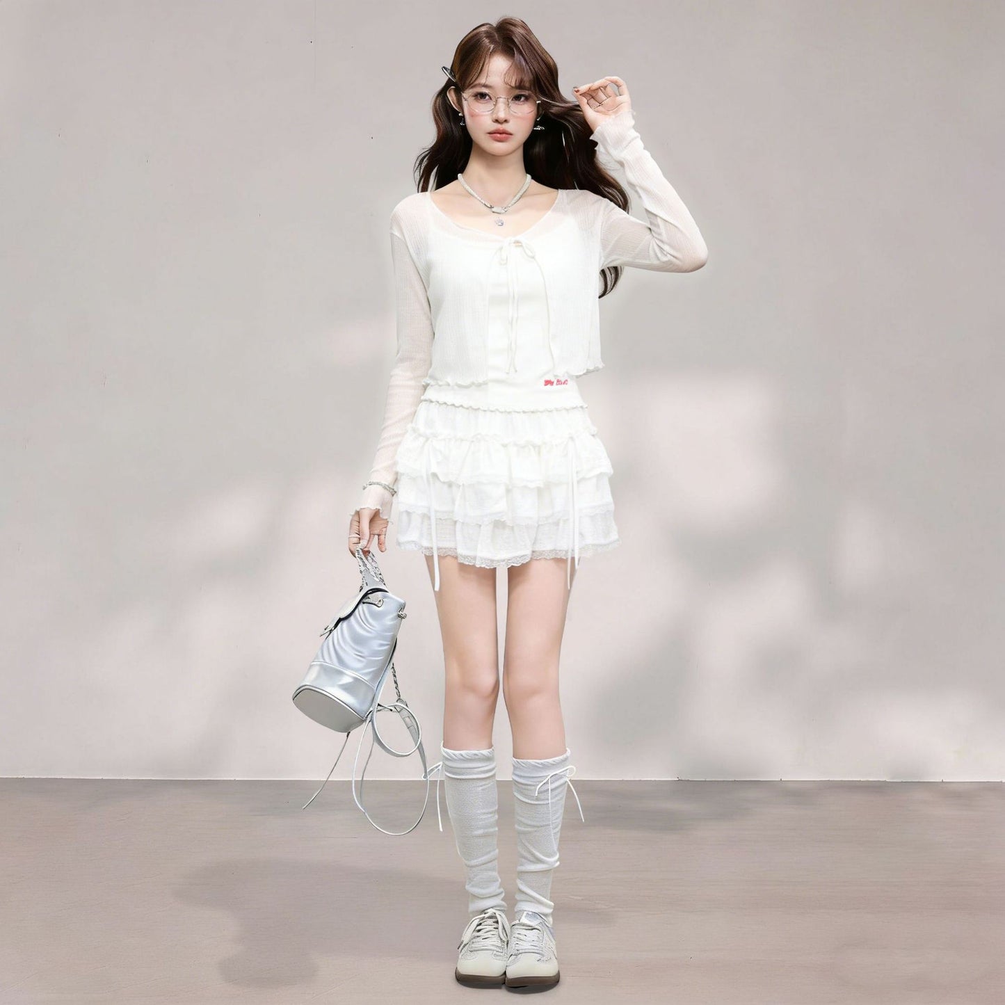 Long Sleeve Cardigan with Strap Dress and Ruffles