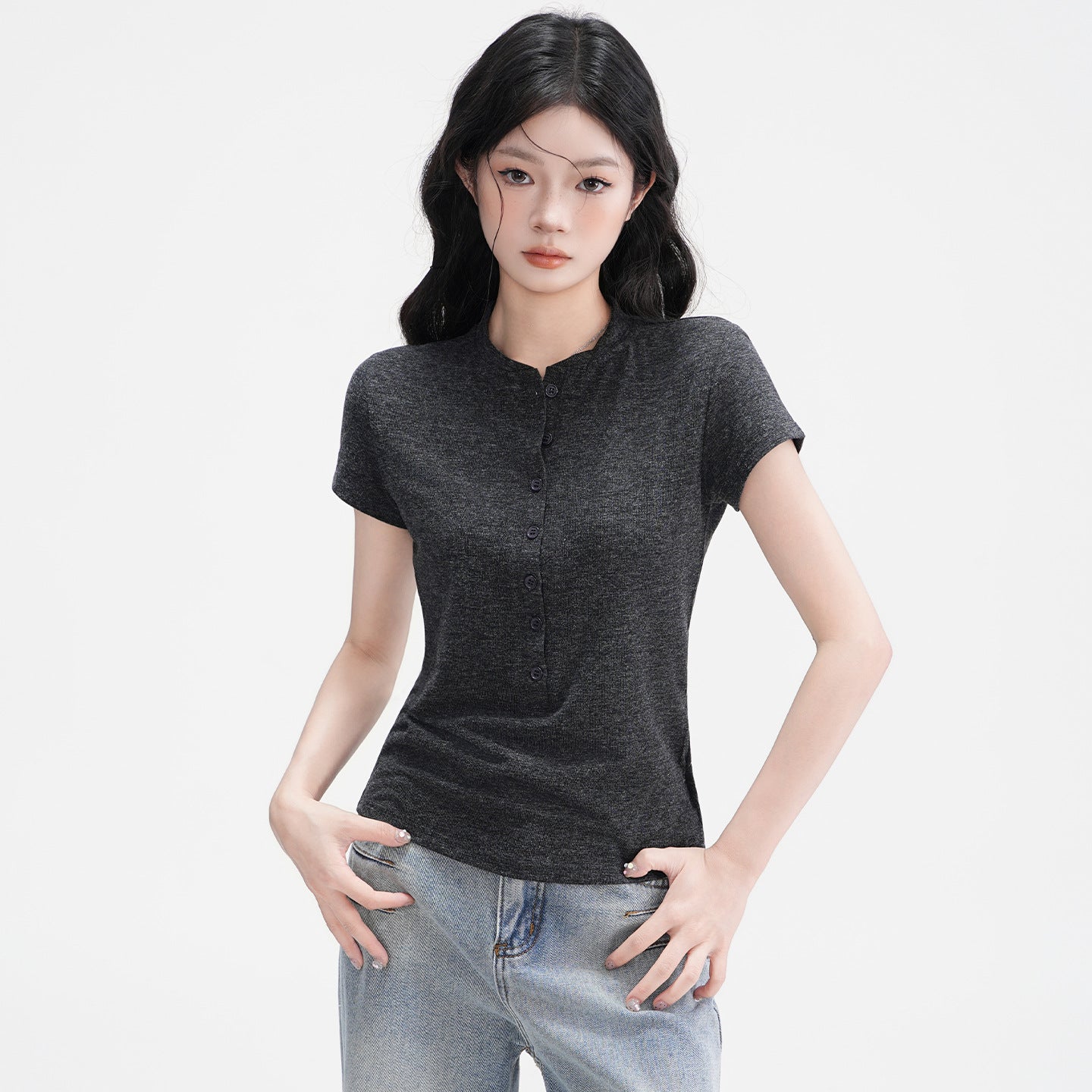 Half-Open Collar Buttoned Shoulder Tee