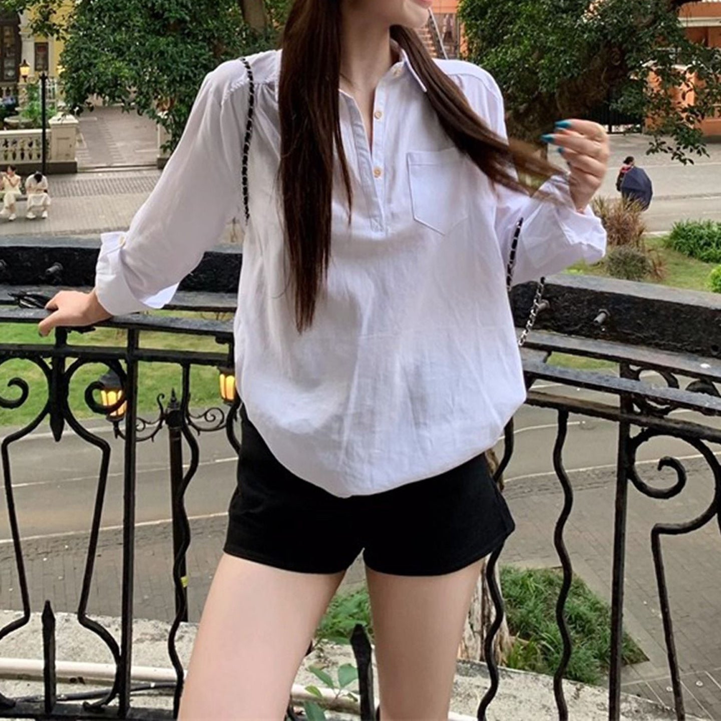 White Shirt Polo Neck Long Sleeve Blouse
