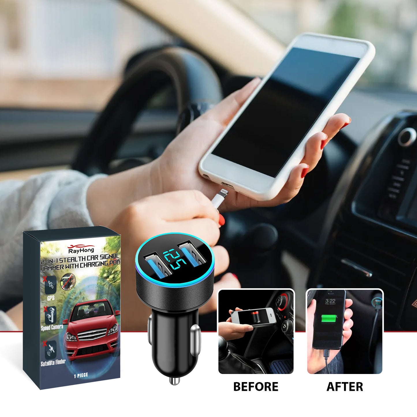 2-In-1 Car Signal Jammer With Charging Pod, Car Dual USB Interface Mobile Phone Multi-Function Charger