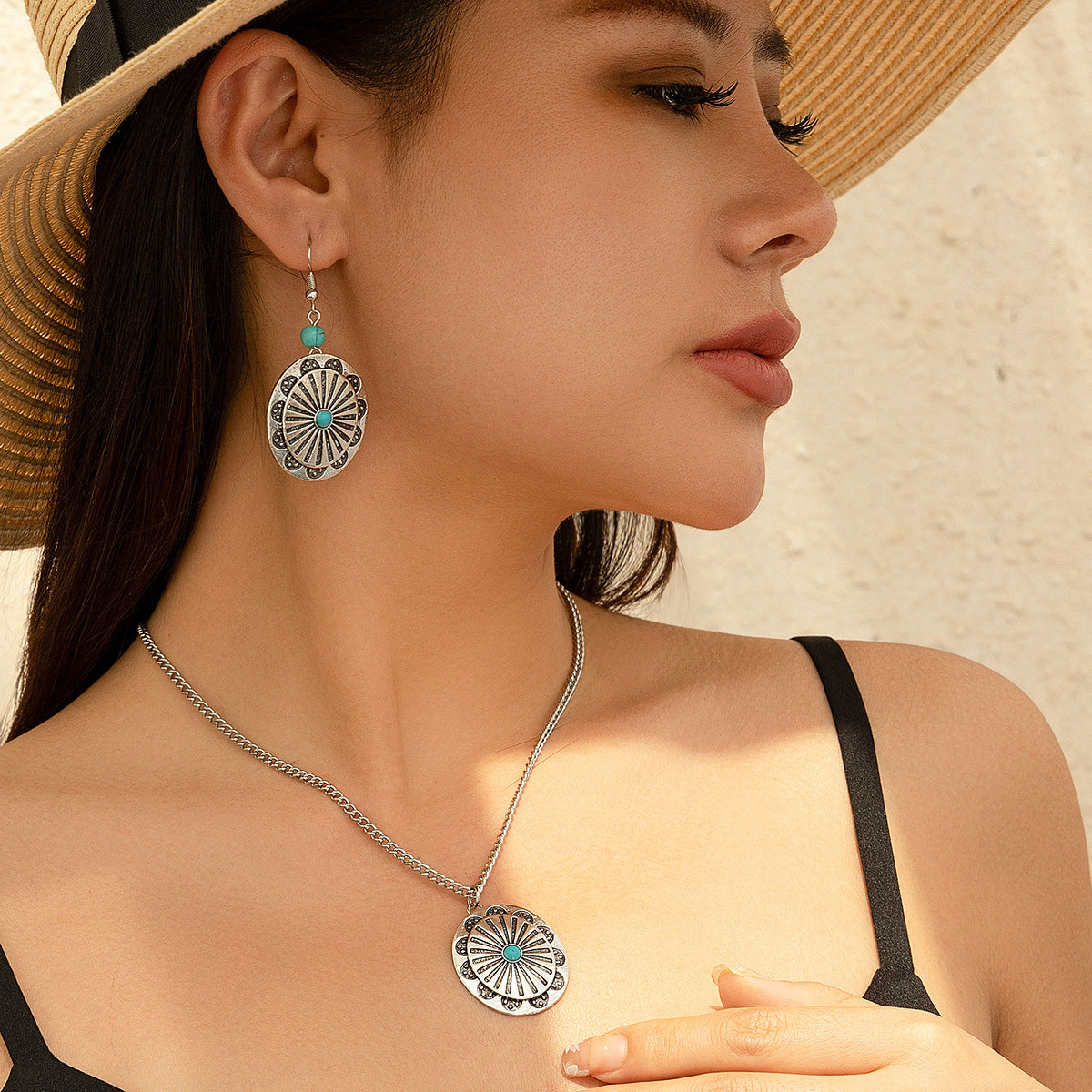 Natural Stone Coconut Tree Necklace and Earing