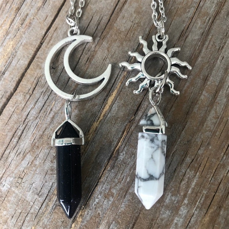 Natural Stone Sun and Moon Necklace 2PCS Set