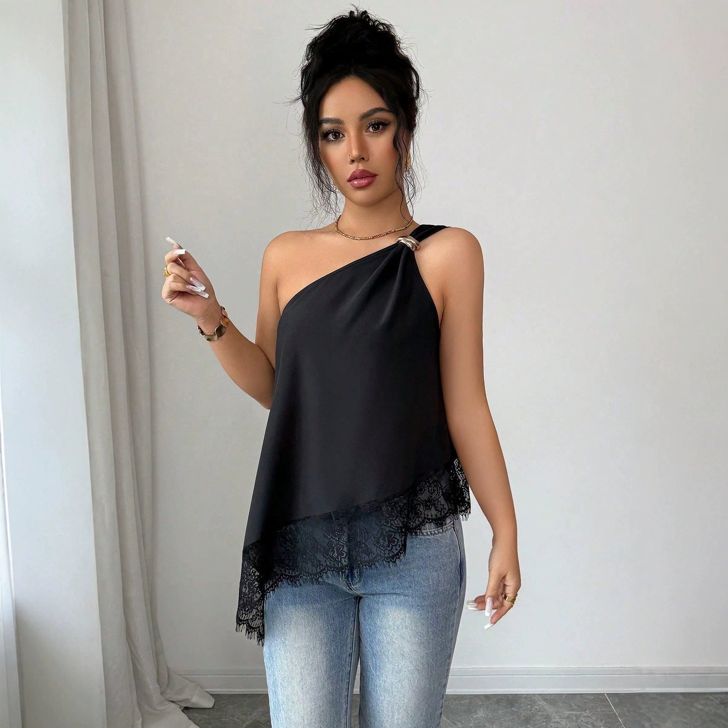 Slanted Shoulder Metal Buckle Lace Loose Top