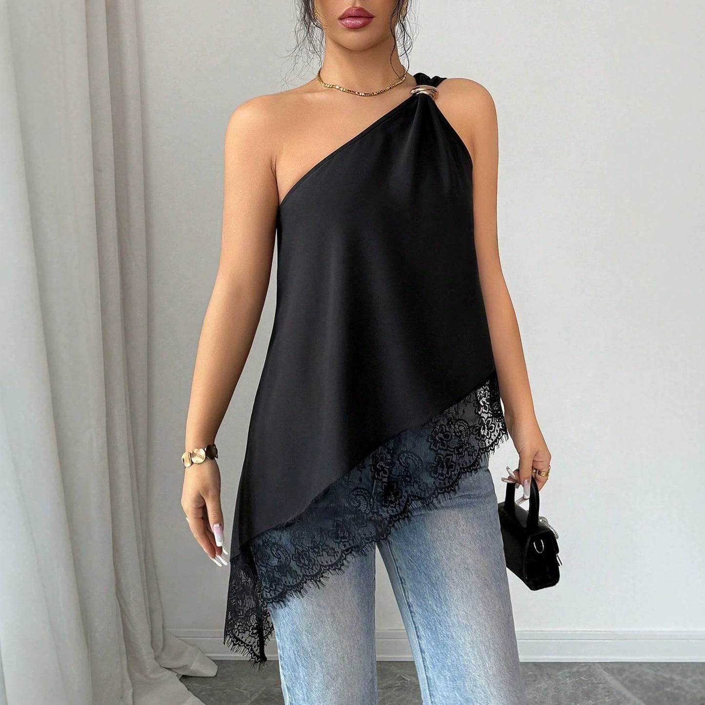 Slanted Shoulder Metal Buckle Lace Loose Top