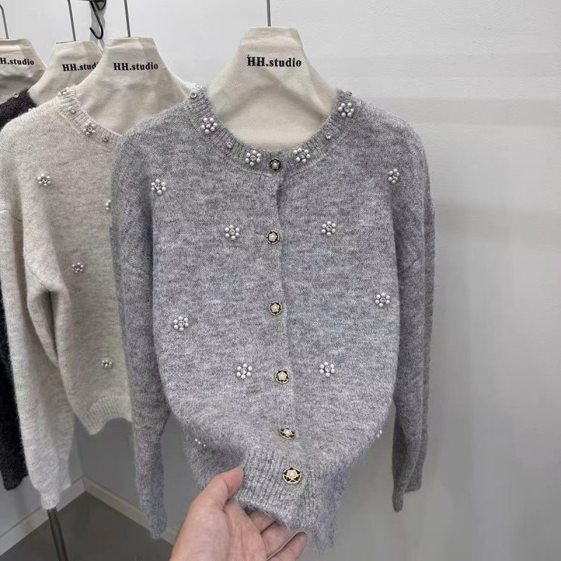 Heavy Beaded Tweed Knit Cardigan Sweater