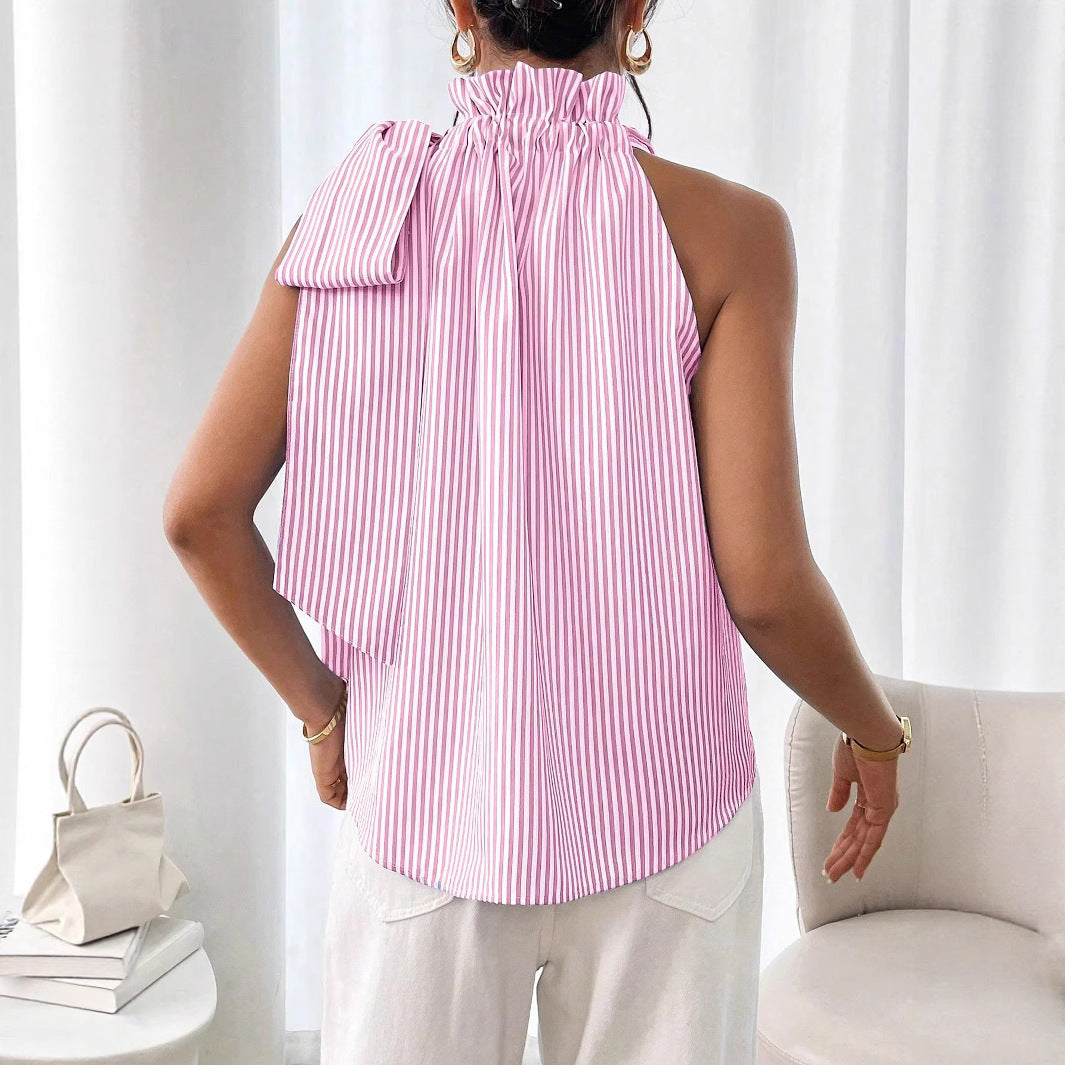 Fashionable Casual Sleeveless Striped Lace Trim High Neck Tie Knot Top