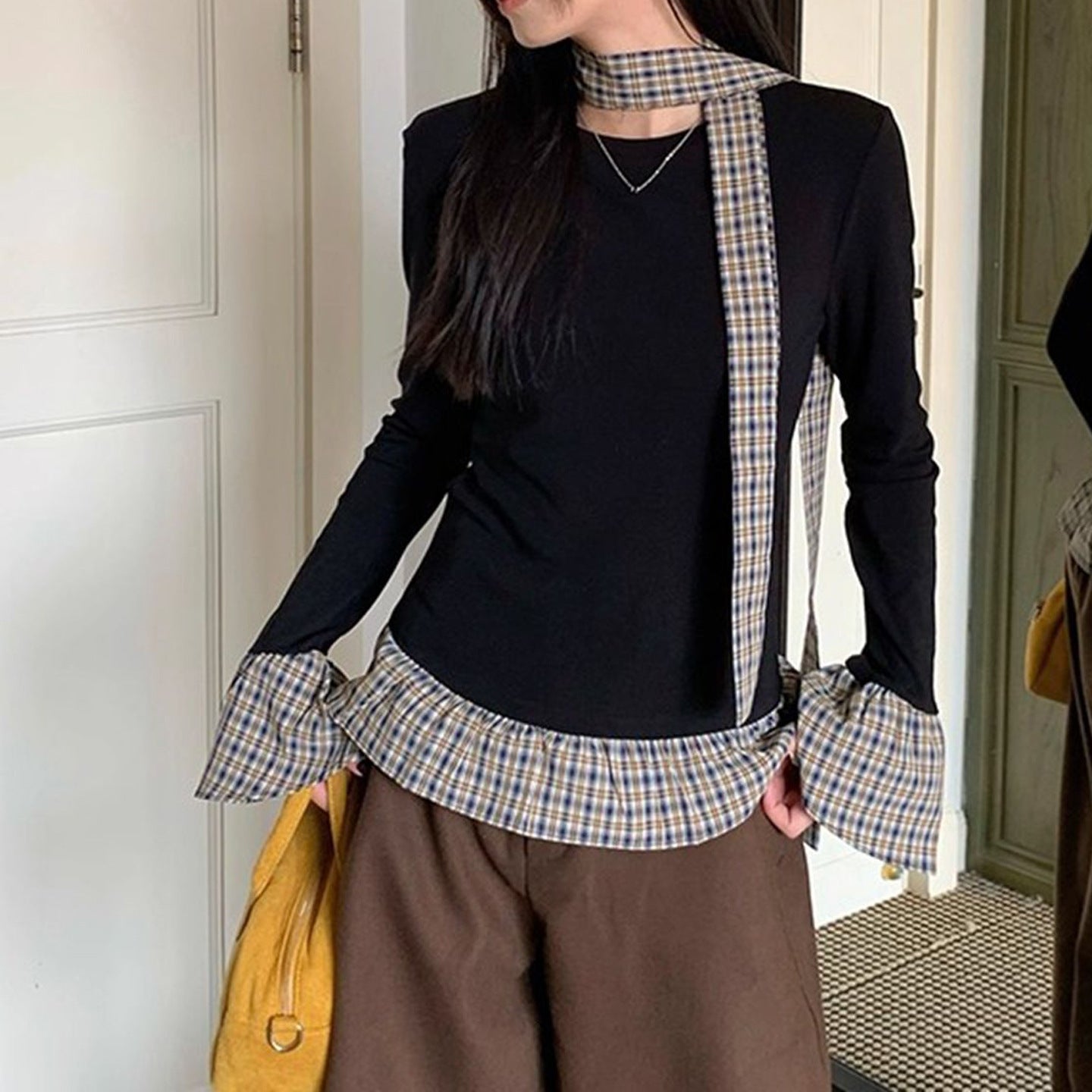 Stylish Two-Piece Plaid Long Sleeve Top