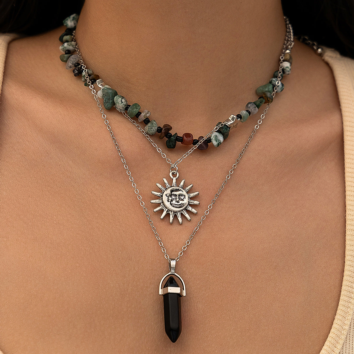 Natural Stone Bead Tassel Ethnic Style Layered Flower and Leaf necklace