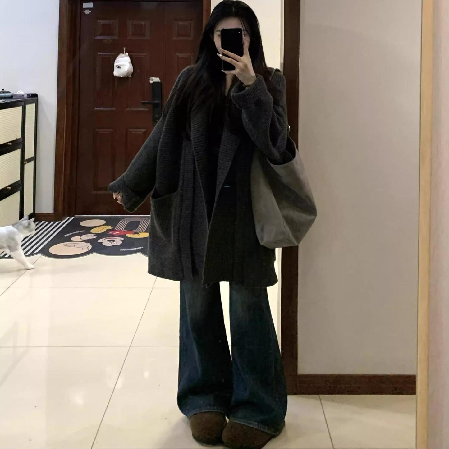 Collar Hooded Knit Cardigan Sweater