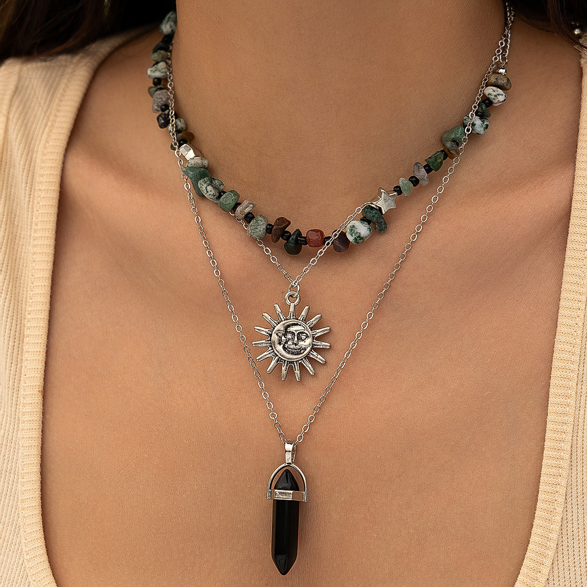 Natural Stone Bead Tassel Ethnic Style Layered Flower and Leaf necklace