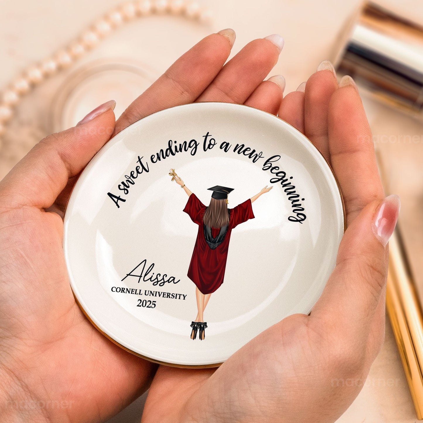 Personalized Graduation Jewelry Dish with 'A Sweet Ending To A New Beginning' design, a perfect graduation gift.
