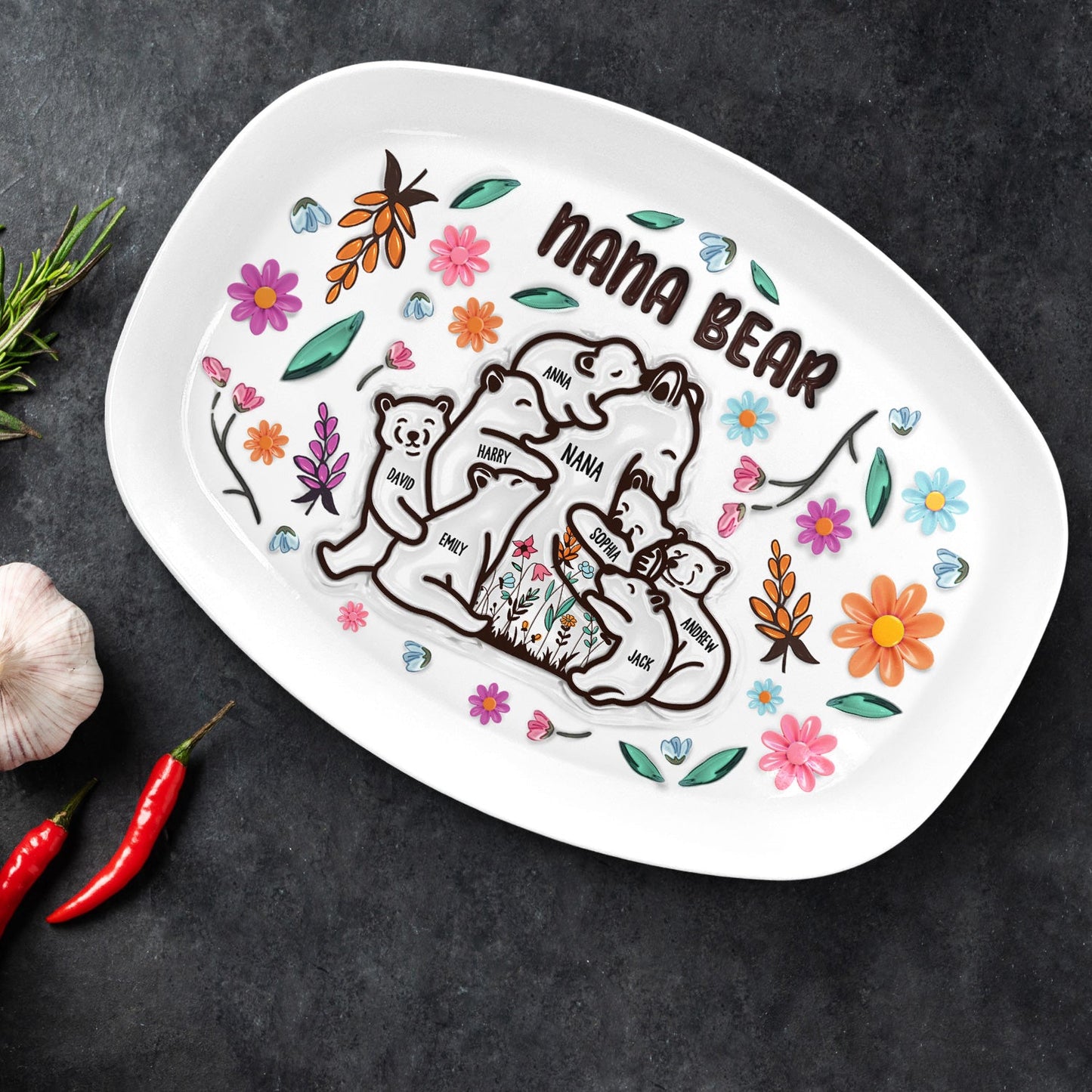 Mama Bear floral plate with 3D effect, BPA-Free plastic, custom gift for Mom, Grandma, or Mother.