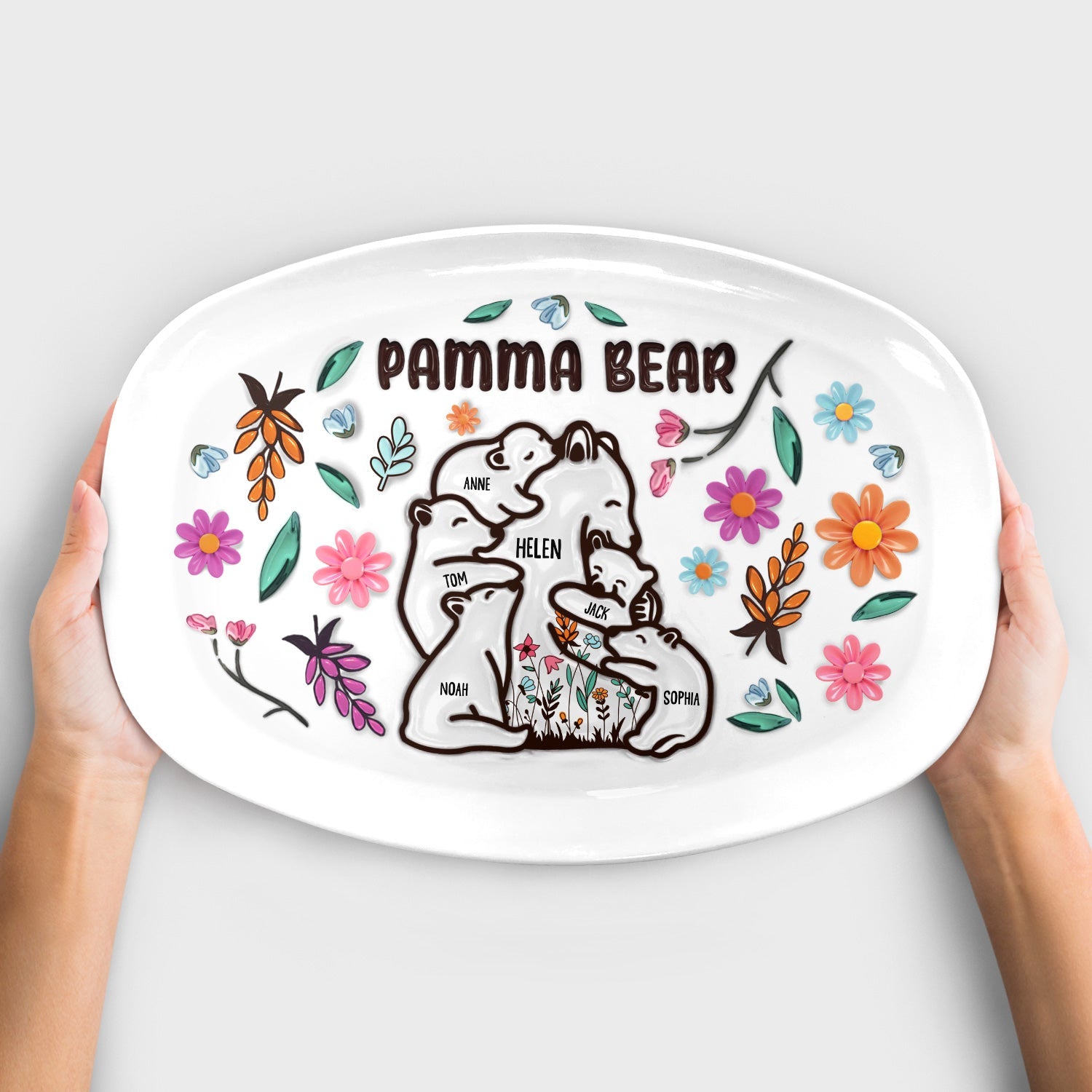 Mama Bear floral plate with family bear graphic, BPA-Free plastic, a unique personalized gift for Mom, Grandma, or Mother.