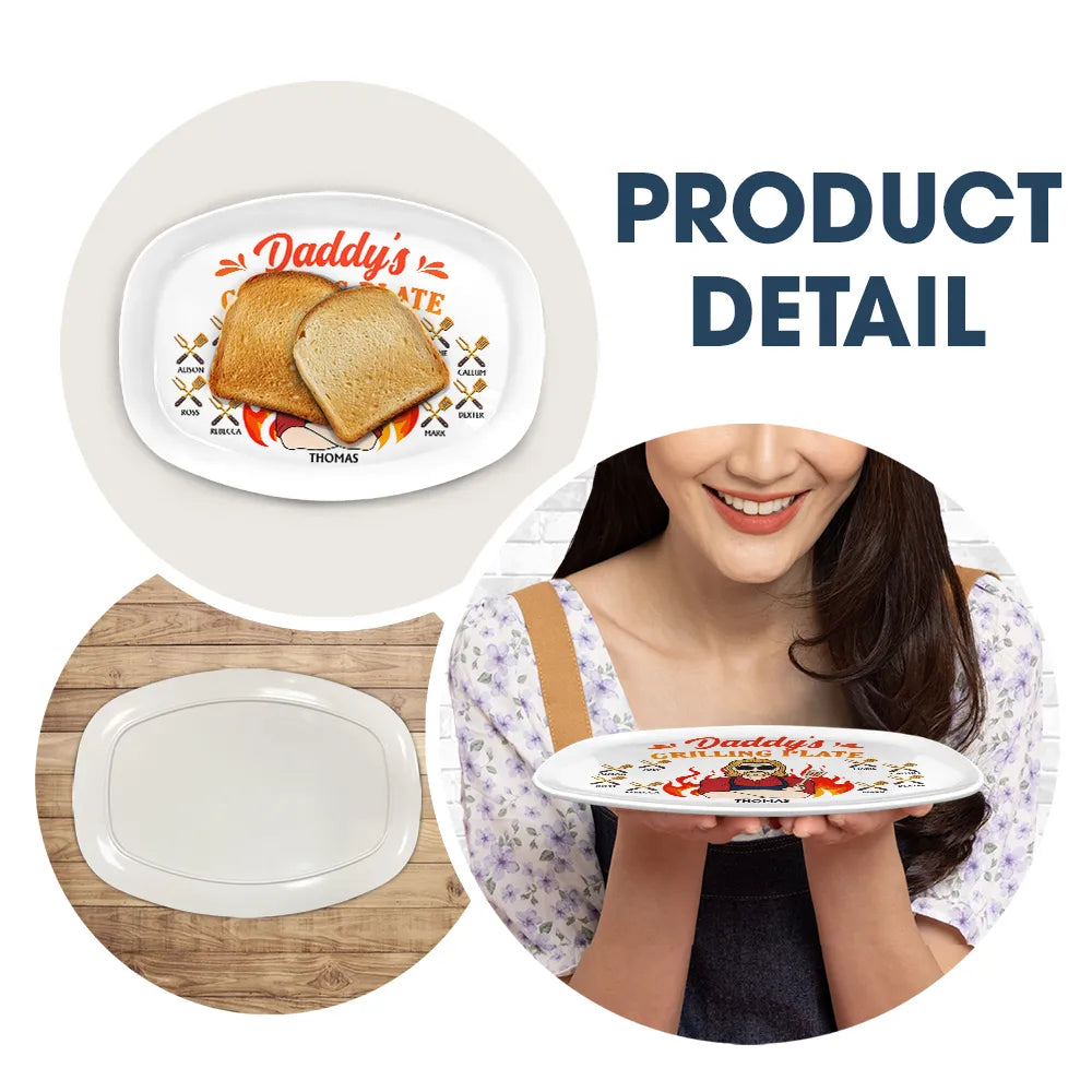 Daddy Grilling Plate Product Detail - BPA-Free Plate with Food and a smiling woman