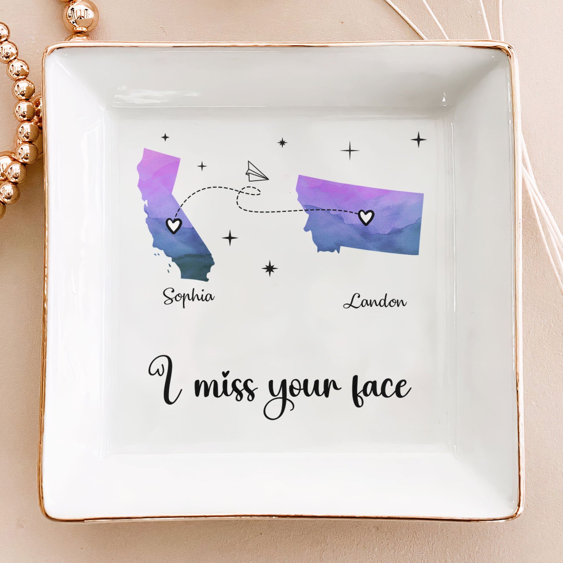 Personalized jewelry dish with 'I miss your face' and two states, a perfect long distance friendship gift.