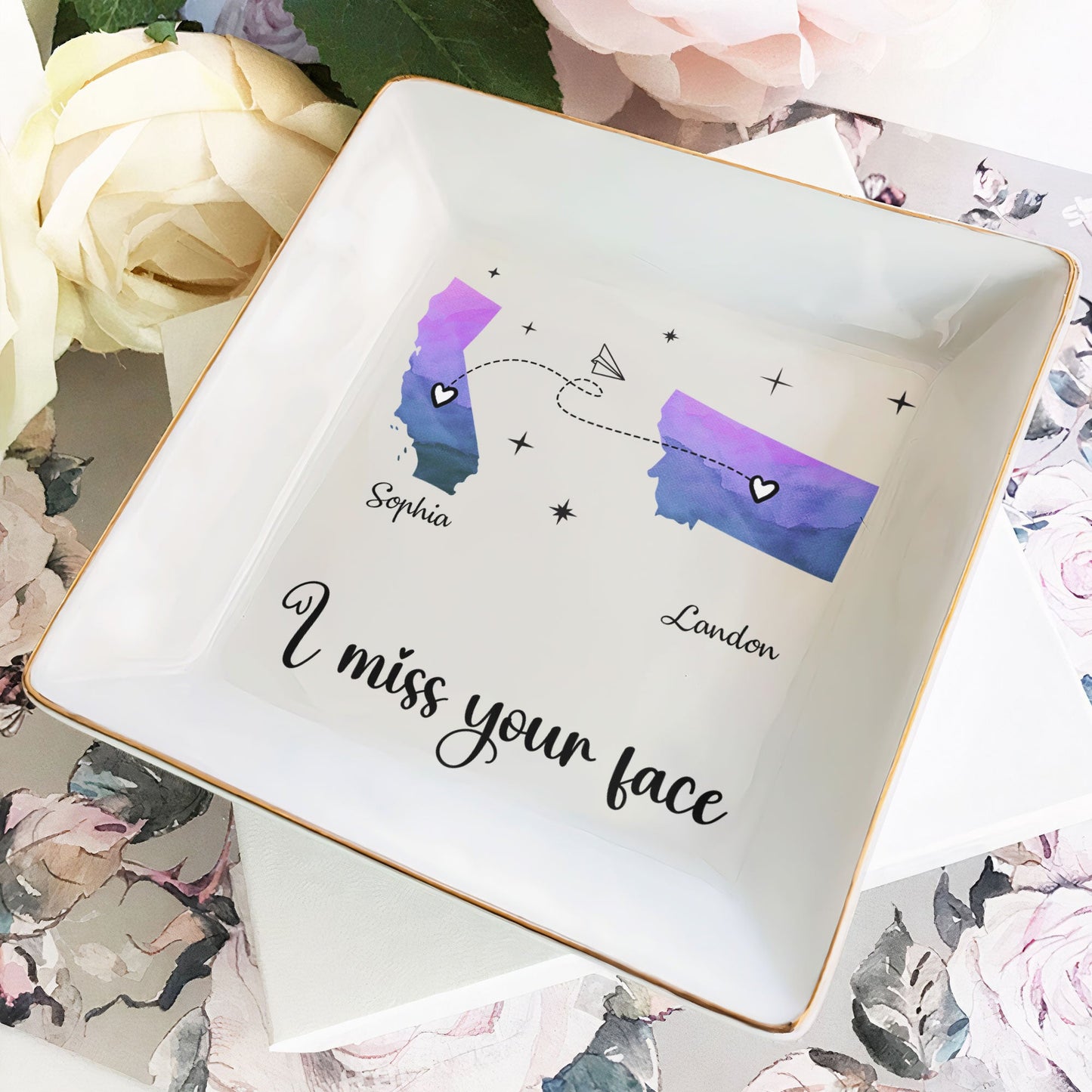 Custom 'I miss your face' jewelry dish with two states, perfect friendship gift