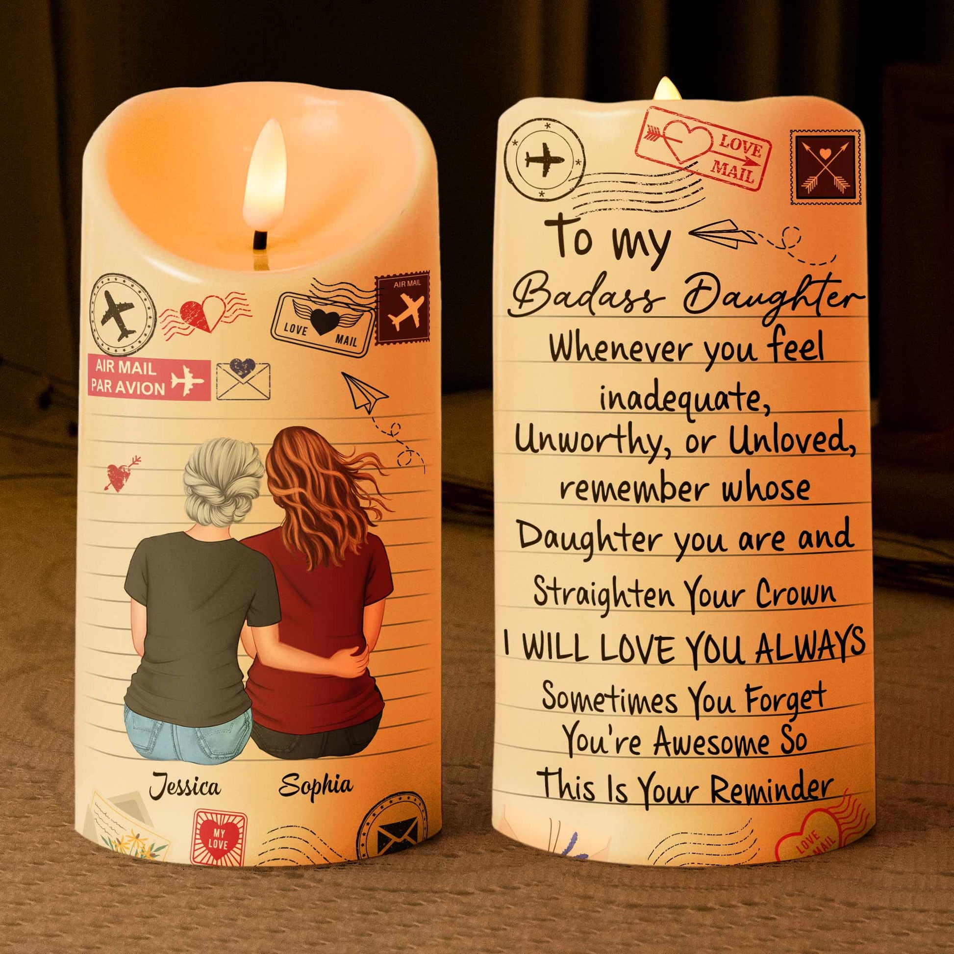 Personalized LED candle for daughter: 'I'll Love You Always' with a hugging image, safe flameless design, ideal gift
