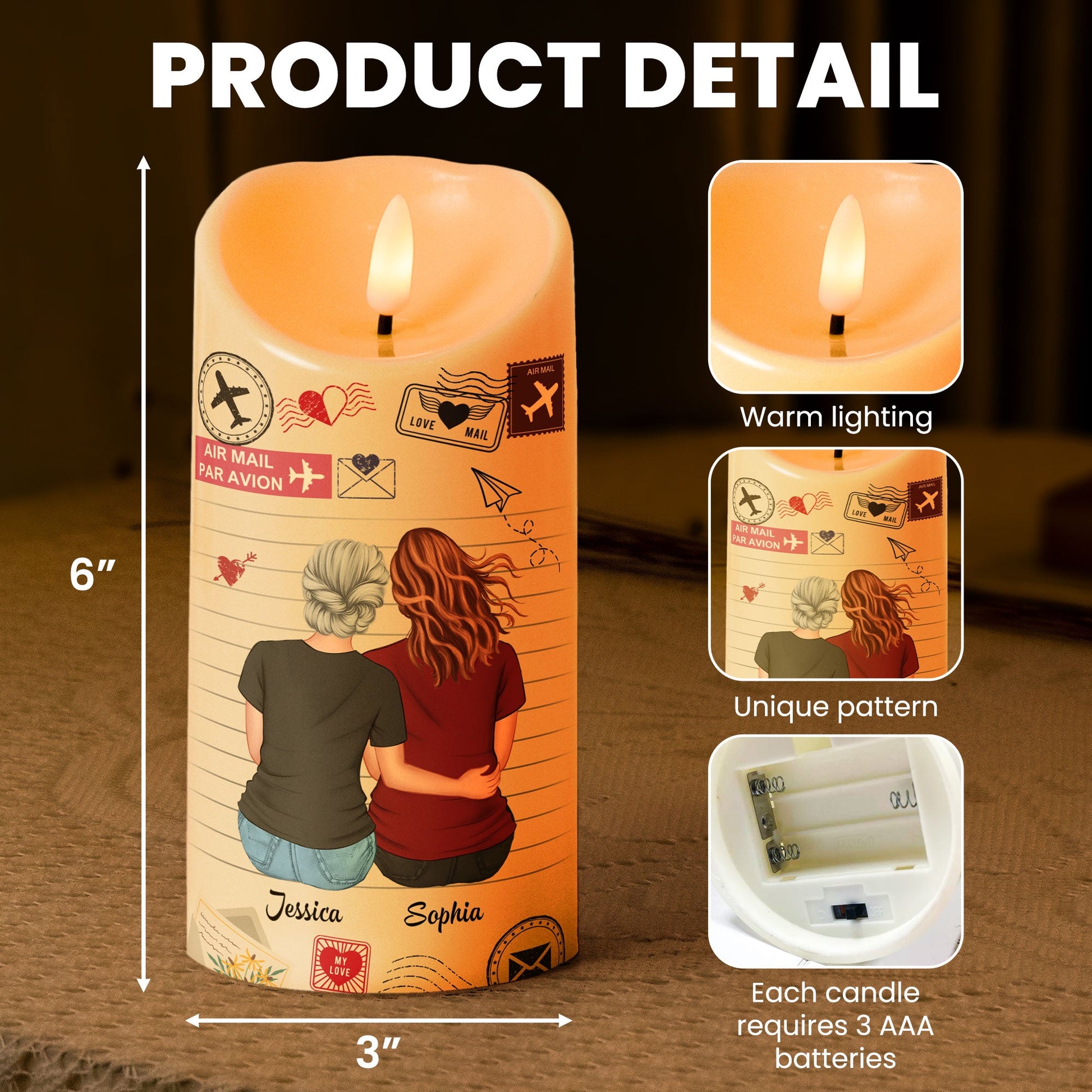 Personalized I'll Love You Always LED Candle, flameless design, ideal gift, showing size and features.