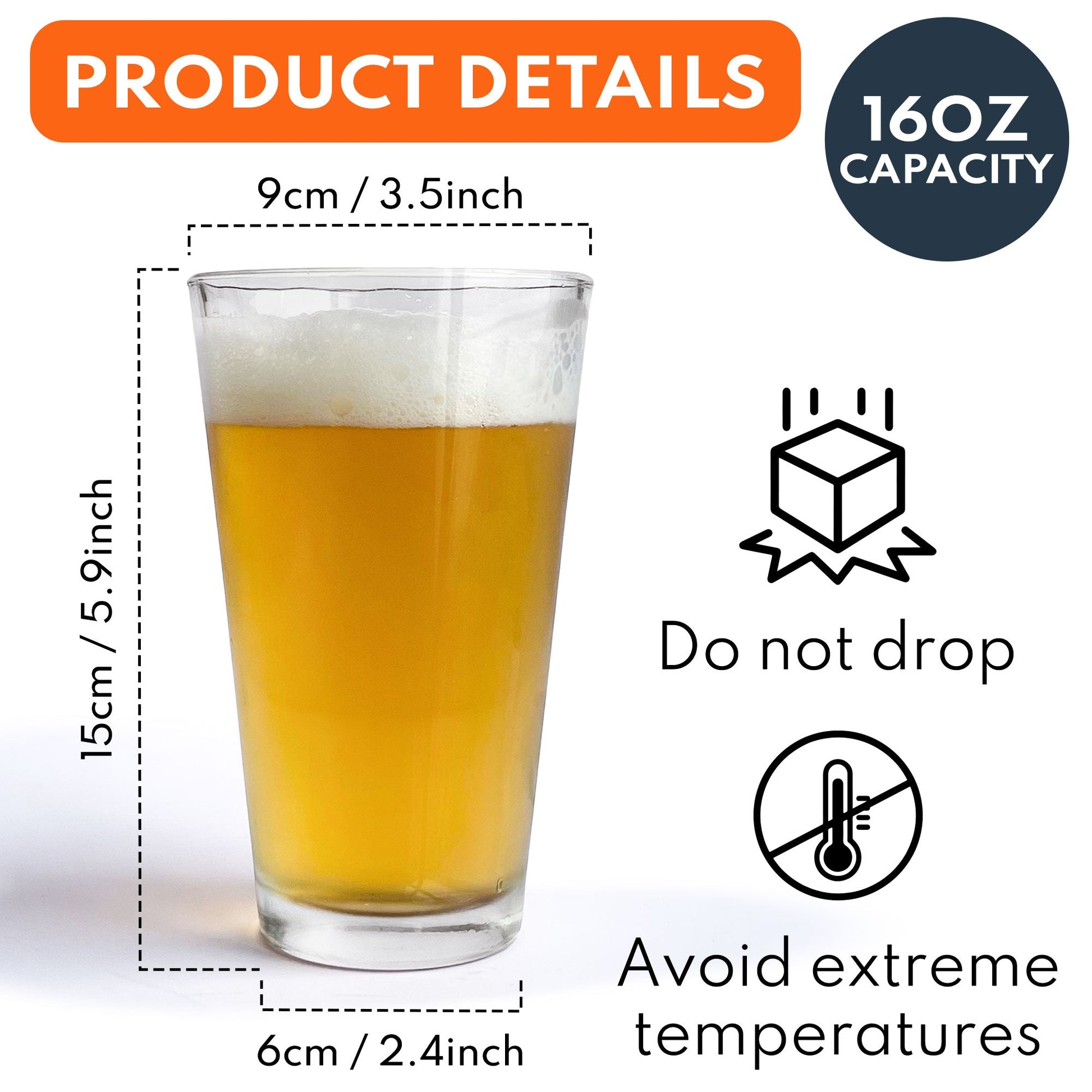 Personalized beer glass with product details, 16oz capacity, ideal anniversary gift.