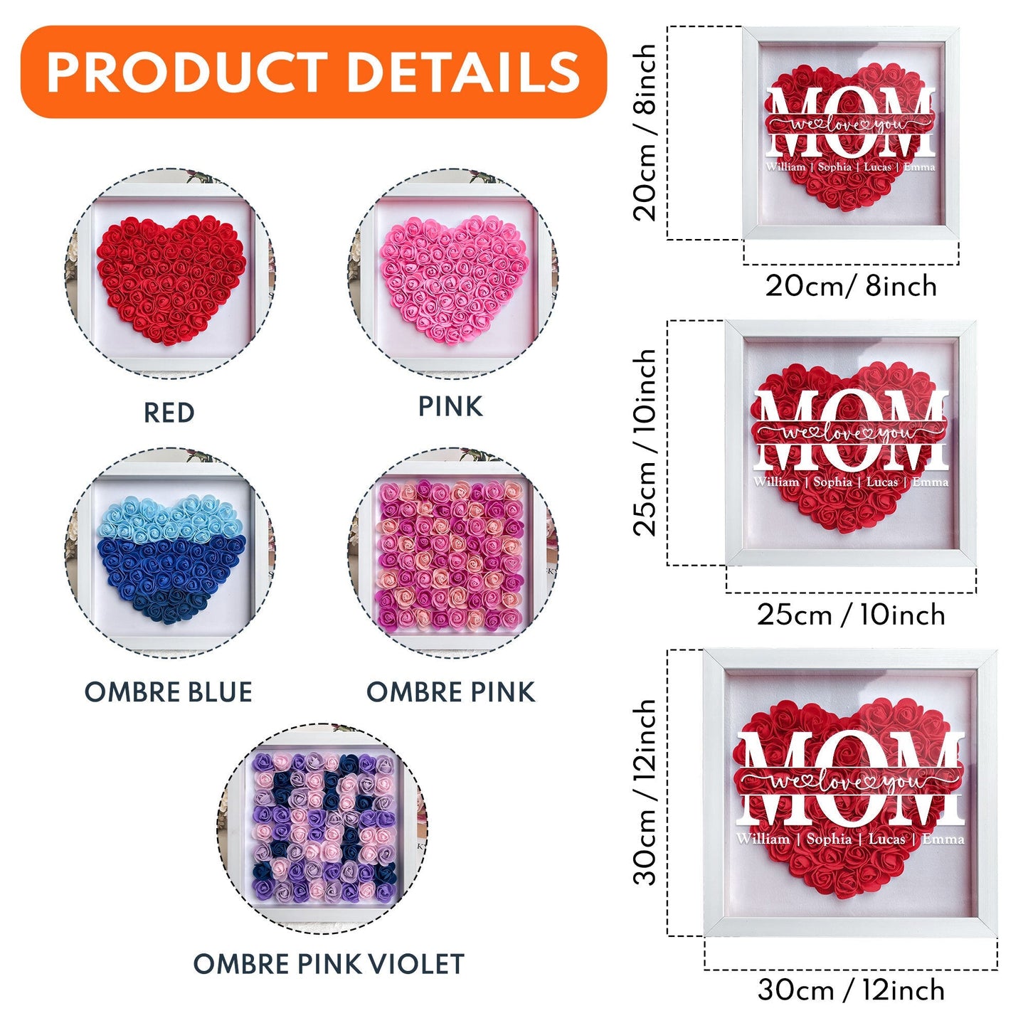 Personalized Mom Flower Shadow Box product details: color options, size variations, and 'We Love You' message.