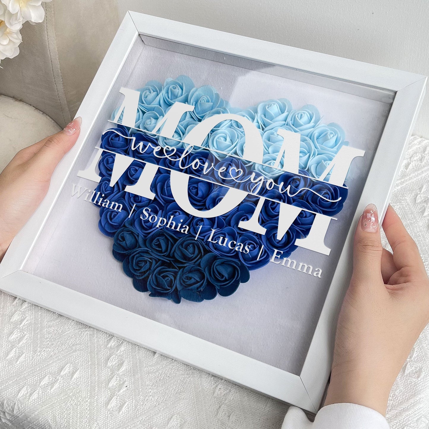Personalized Mom Flower Shadow Box with 'We Love You' message, blue flower heart, white MDF frame, Mother's Day Gift