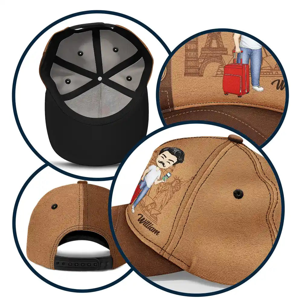 Personalized Classic Cap, 'Just a girl who loves traveling', brown polyester-cotton blend, adjustable fit, travel accessory