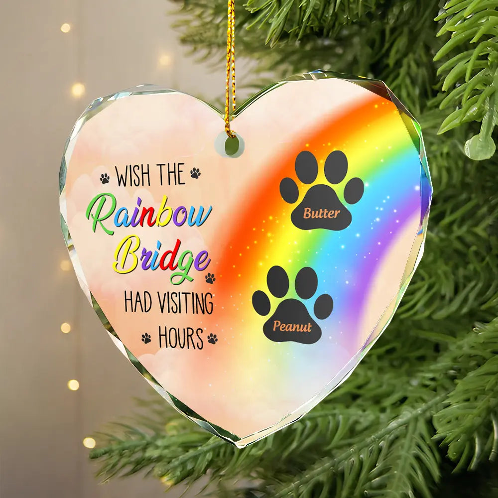 Heart-shaped Rainbow Bridge pet memorial ornament with paw prints, perfect sympathy gift.