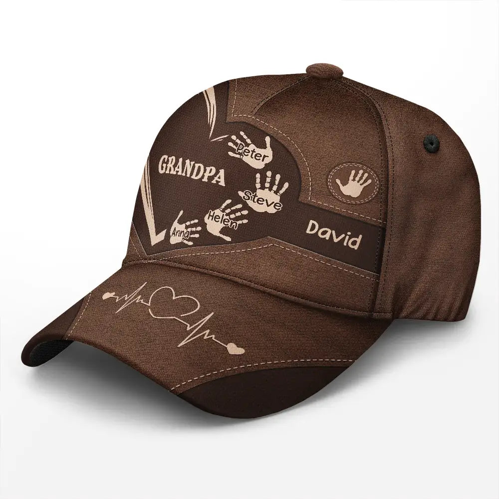 Brown Grandpa Dad Kids Handprints Classic Cap, polyester-cotton blend, adjustable fit, personalized family gift.