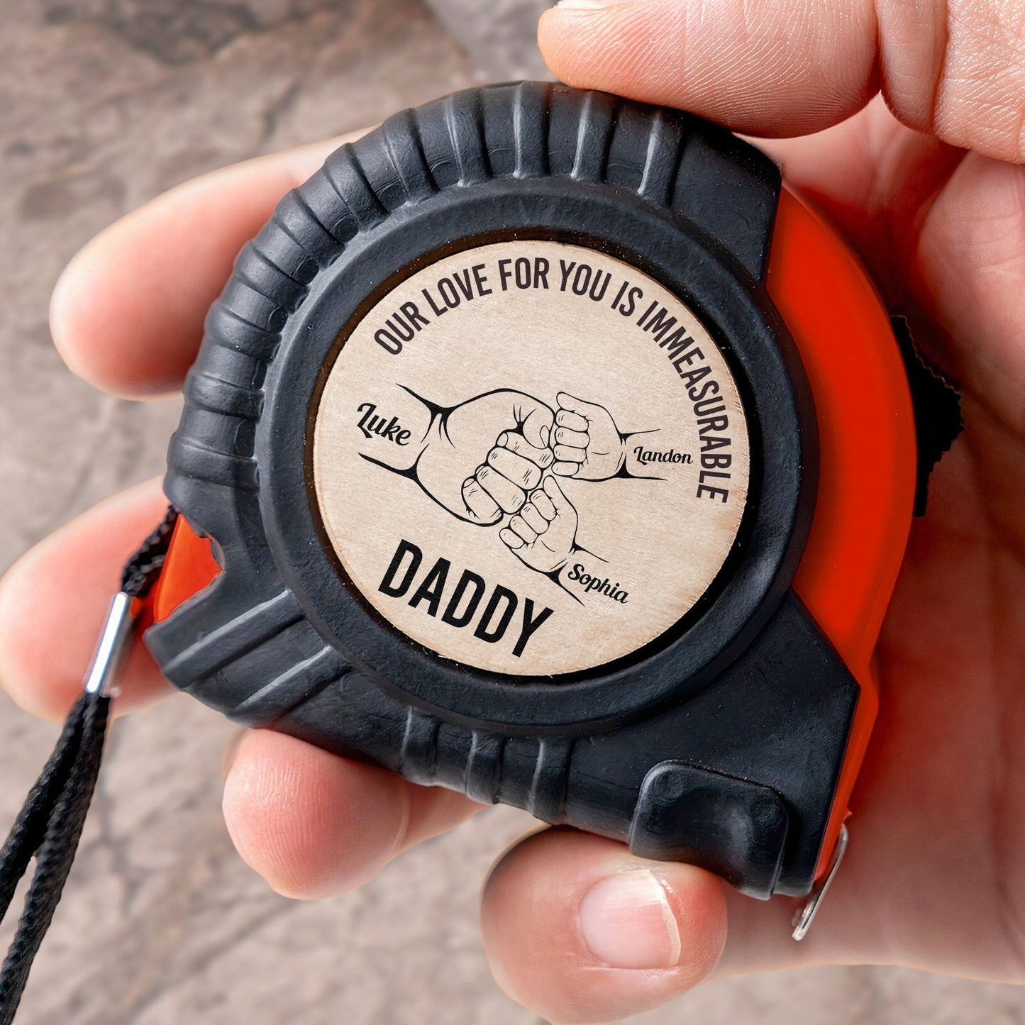 Personalized tape measure for Daddy with 'Our love for you is immeasurable' message, perfect Father's Day gift