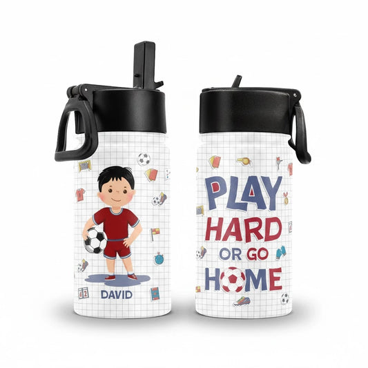Personalized Kids Water Bottle With Straw Lid - Ice Soccer Play Hard Or Go Home