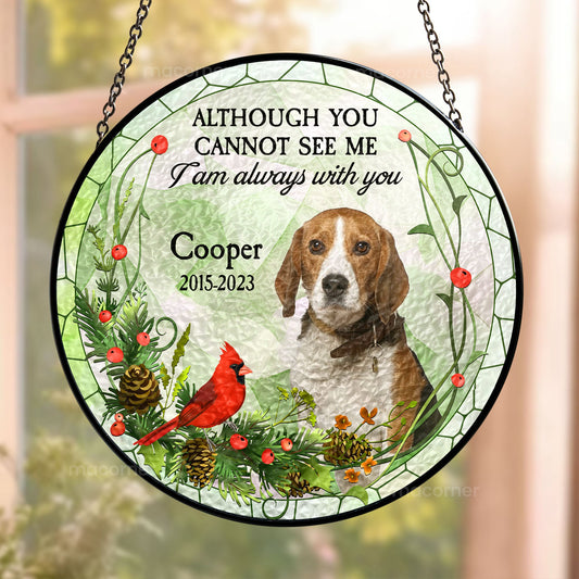 Personalized pet memorial suncatcher with dog photo and heartfelt message.