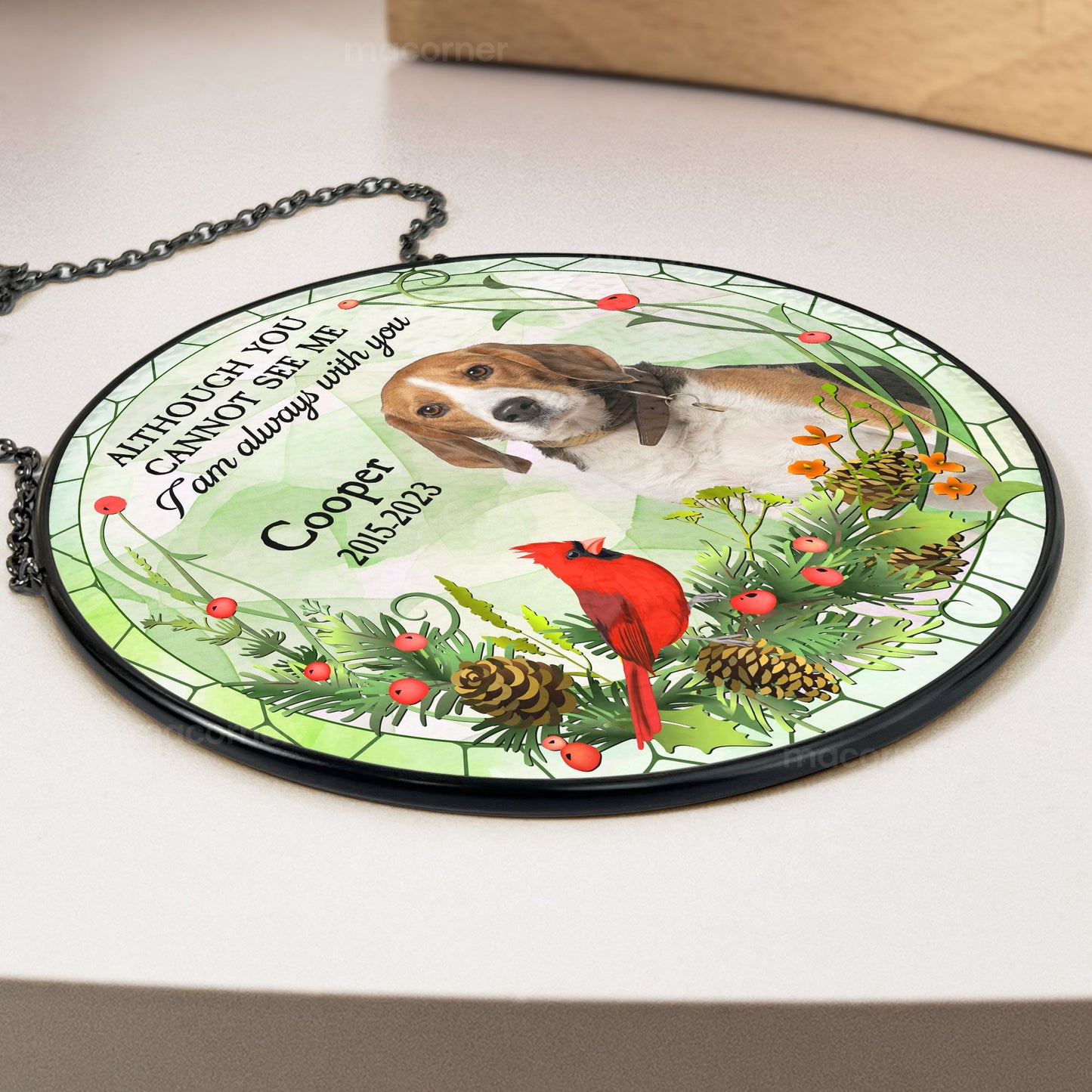 Personalized pet memorial suncatcher with dog portrait and 'Always with you' message; stained glass window hanging.