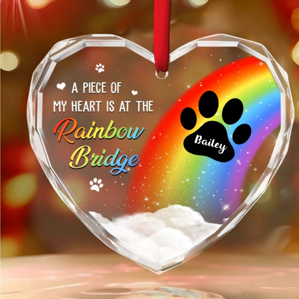 Custom glass heart ornament for dog mom, rainbow bridge design with paw print and a name, memorial gift.