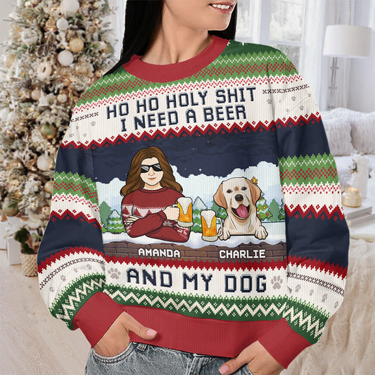 Unisex Christmas sweater with "Ho ho holy sh*t I need a beer and my dogs" quote, perfect gift for pet lovers